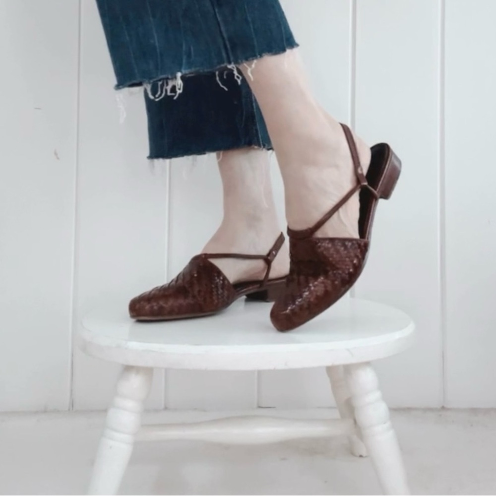 Enzo Angiolini Woven Leather Slingback Flats Dark Brown Casual Minimal Neutral